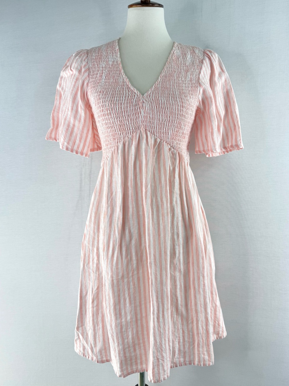 SEED Heritage Australia Tulip Pink Striped Smocked Linen V-Neck Mini Dress